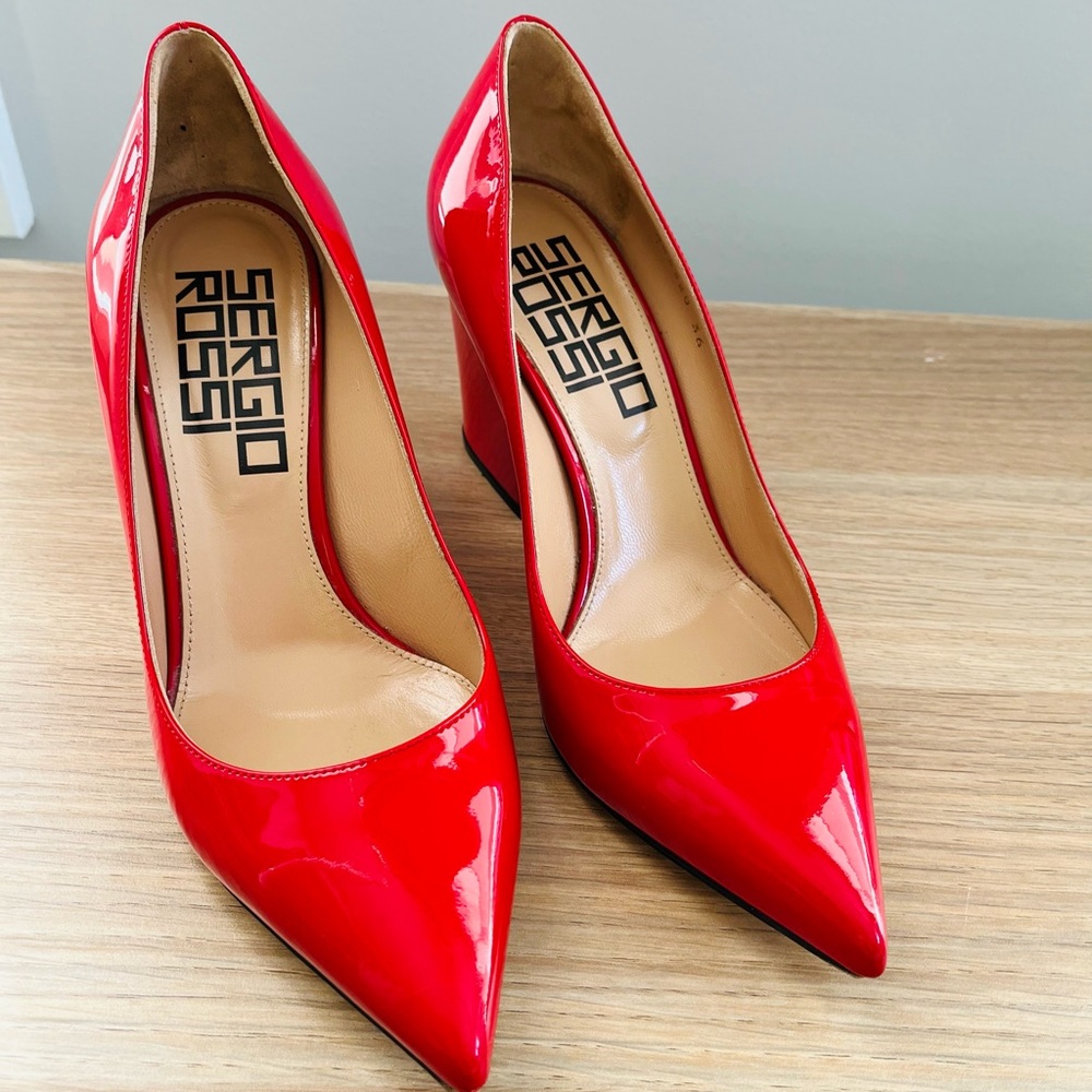 Sergio Rossi Red Patent Leather Block Heel Pumps - Size 36 (size 6 US)
